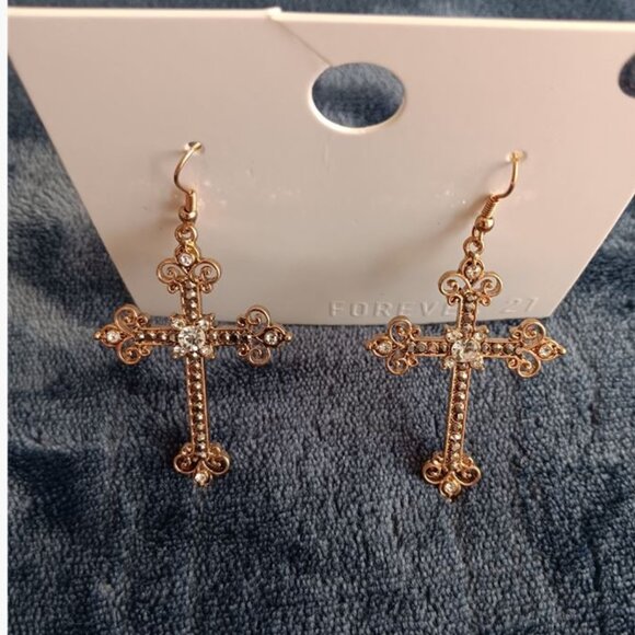 NWT  Forever 21 Antique Gold Tone Cross Dangle Earrings- 2.5" long - Picture 2 of 4